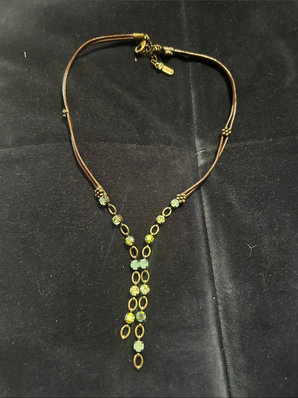 Brown Cord Y-Necklace with Gold-Tone Chain and Crystal Drops